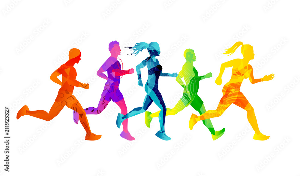 一群跑步的男男女女在比赛中保持健康。色彩鲜艳的人的轮廓。Ve