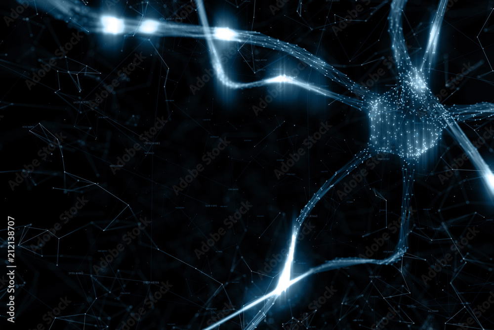 黑色插图背景下大脑中艺术性的深蓝色神经元细胞。