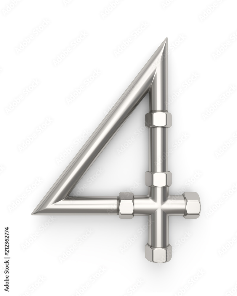 Alphabet made of Metal pipe, number 4. 3D illustration