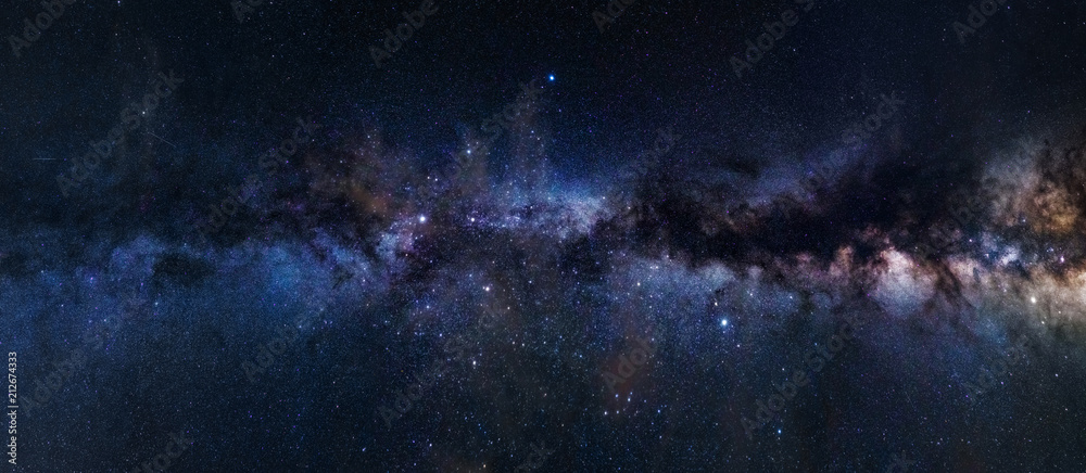 可见银河系的全景天文摄影。夜空中的恒星、星云和星尘