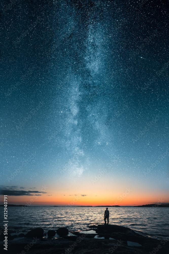 一个男人抬头仰望银河系的星星，最后的日落之光照耀着地平线