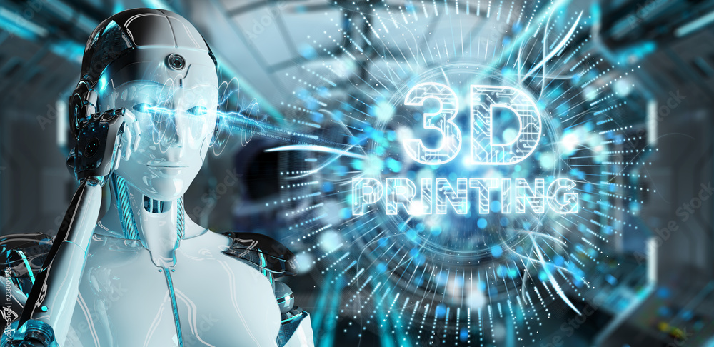 机器人白人女性使用3D打印数字全息图3D渲染