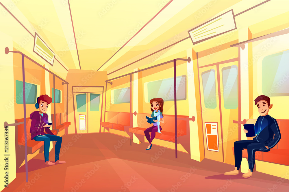 地铁地铁中的人，火车上的青少年男孩和女孩的矢量图。年轻的女人和男人坐在一起