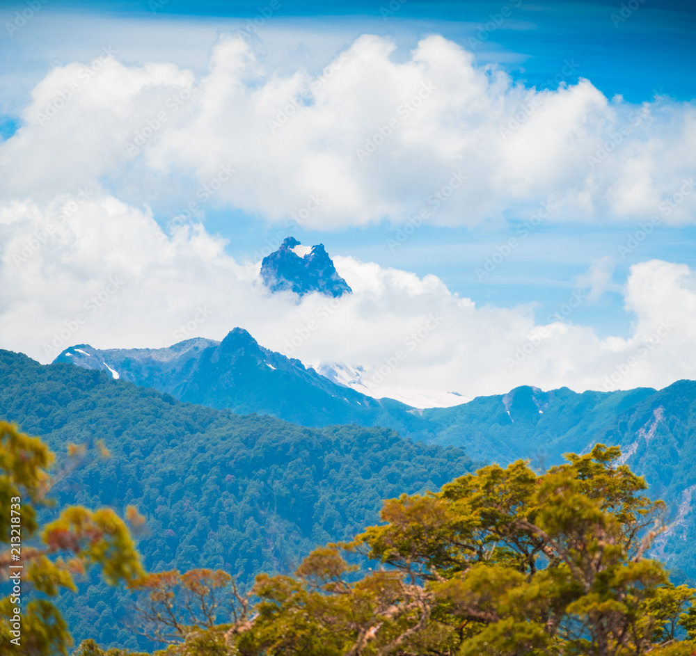 白雪覆盖的山峰，前景是云朵和郁郁葱葱的树木。智利巴塔哥尼亚