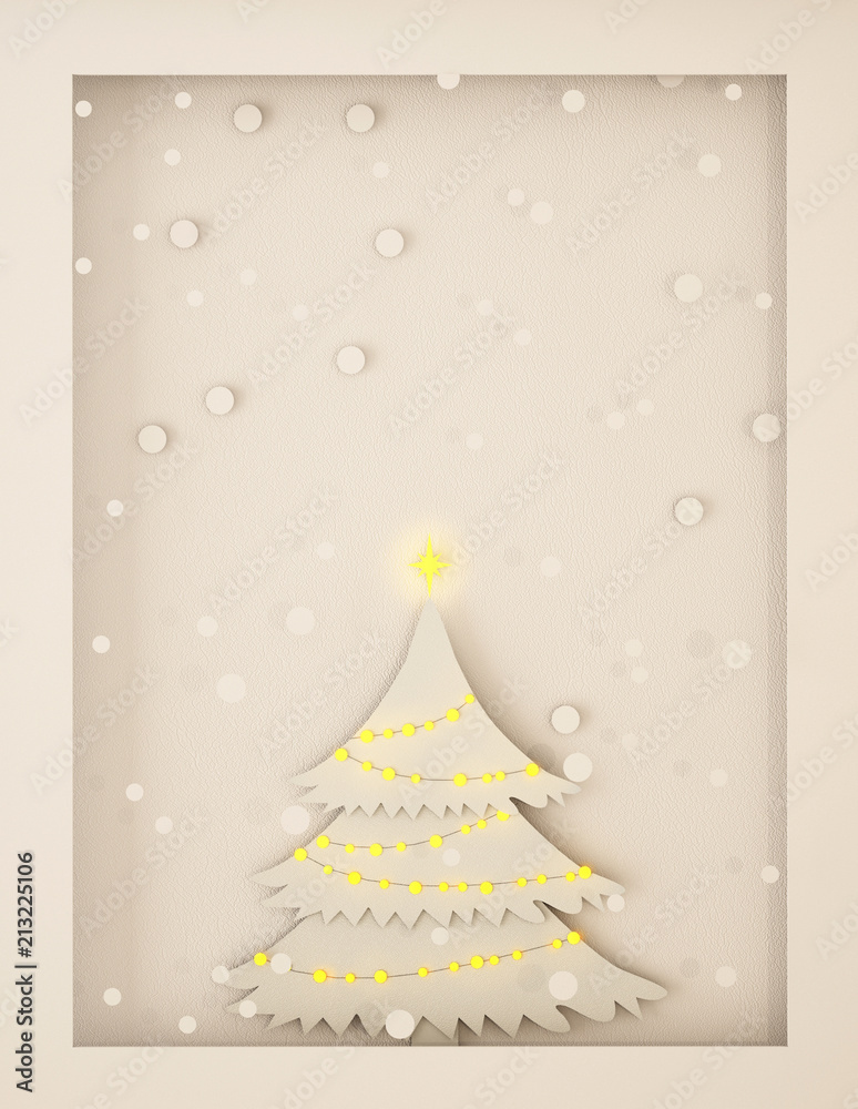 圣诞快乐，新年快乐，夜空中有月光、星星和烟花的纸艺卡片