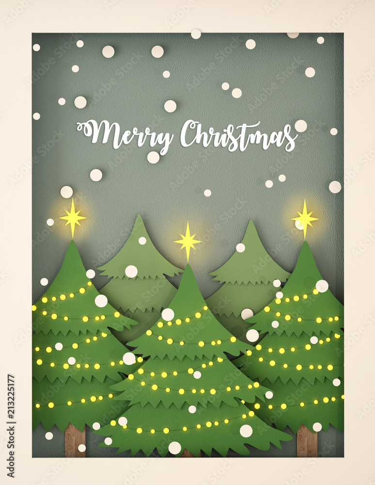 圣诞快乐，新年快乐，夜空中有月光、星星和烟花的纸艺卡片