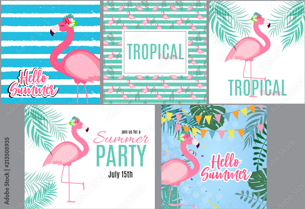 可爱的粉红色火烈鸟夏季系列套装背景矢量插图