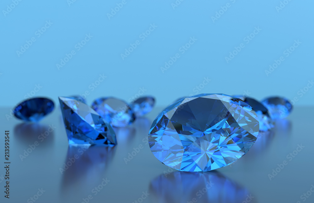 蓝色钻石放置在反射背景3d渲染上。