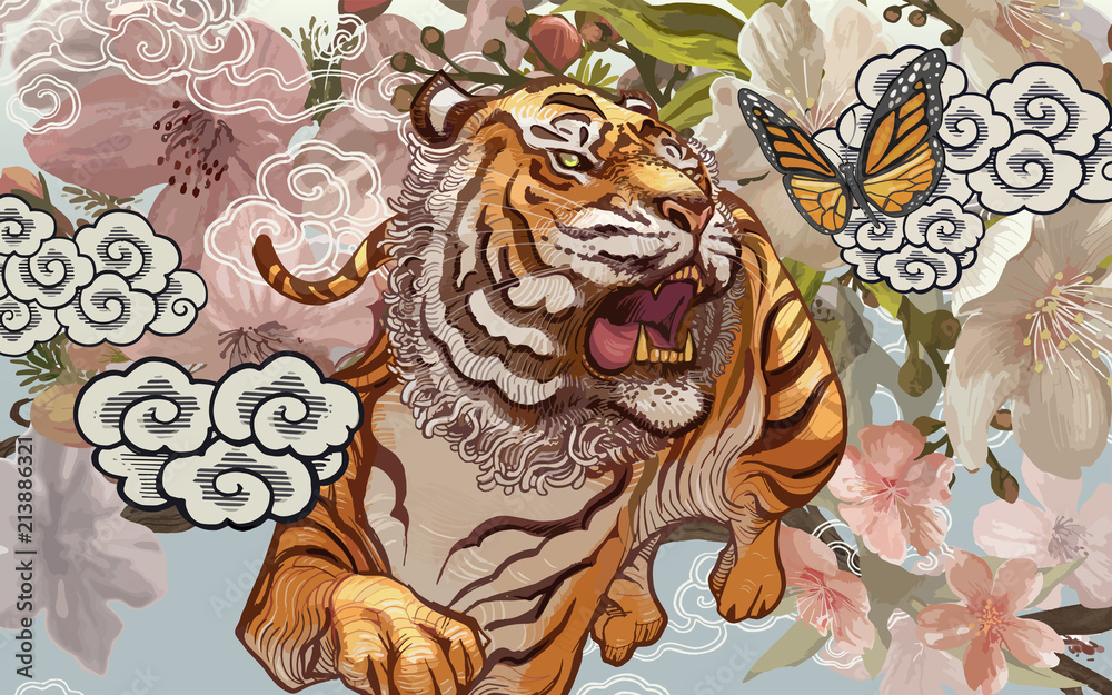 樱花中的老虎和蝴蝶插图