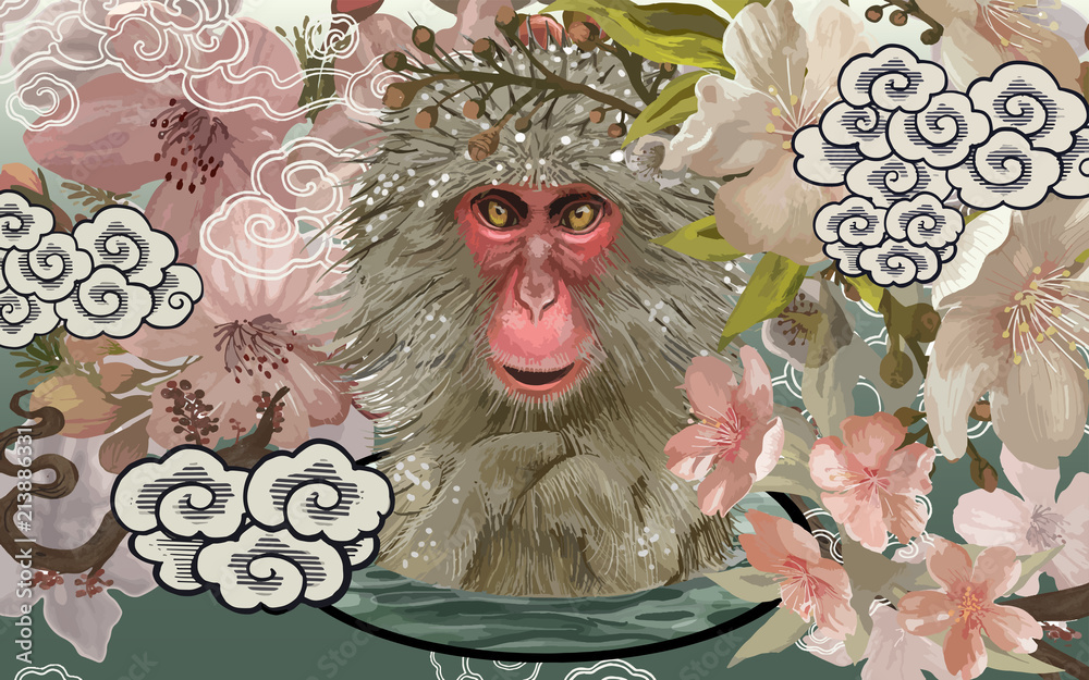 樱花盛开的温泉中的日本猕猴