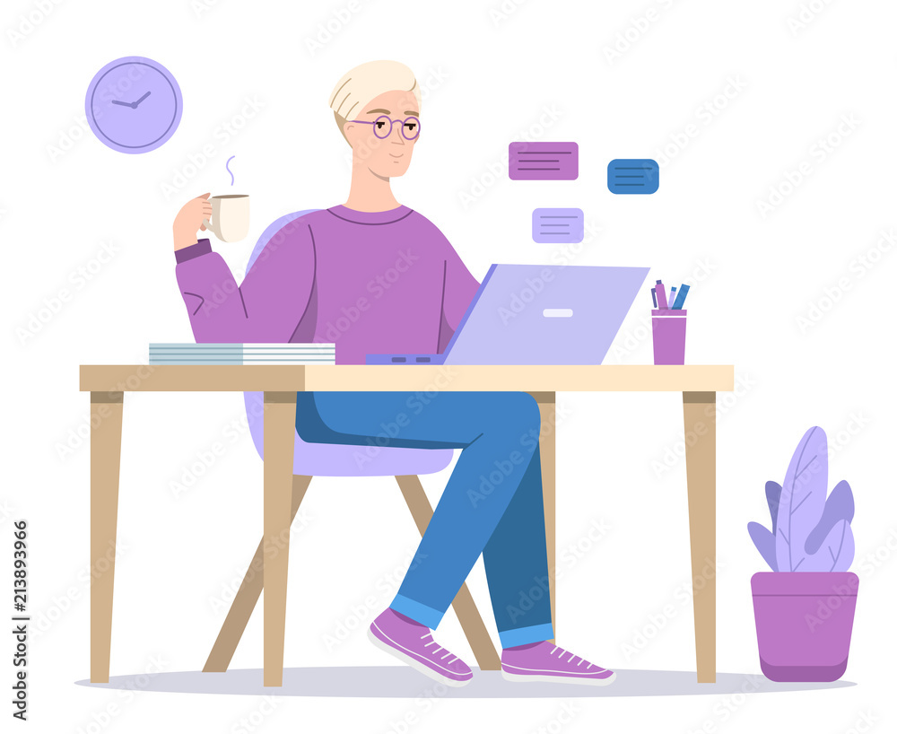 男人在电脑上的矢量图，男孩坐在桌子旁喝咖啡，在笔记本电脑里聊天发短信。C