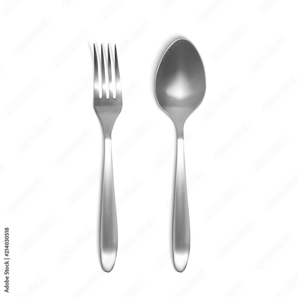 勺子和叉子3D矢量插图。白色银色或金属餐具的独立逼真套装