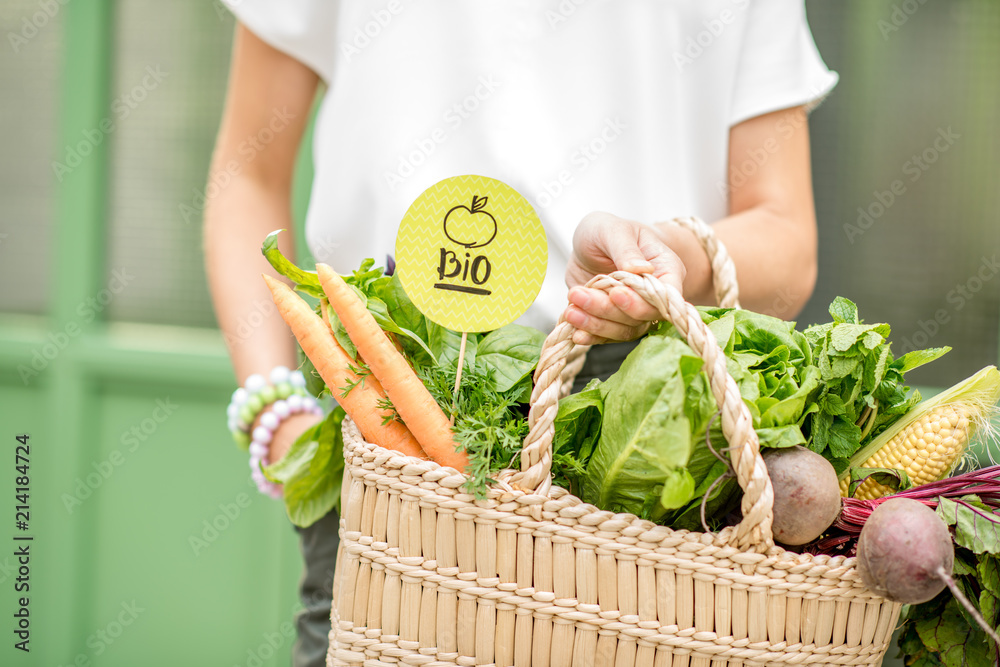 装满新鲜有机蔬菜的手提袋，绿色b上有当地市场的绿色贴纸