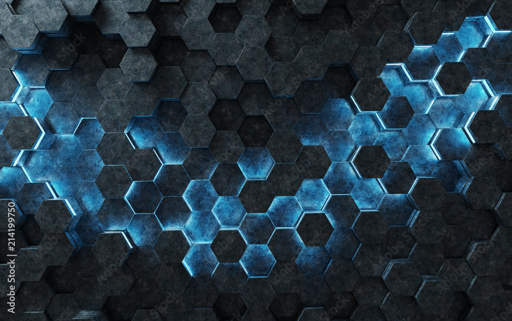 黑色和蓝色六边形背景图案3D渲染