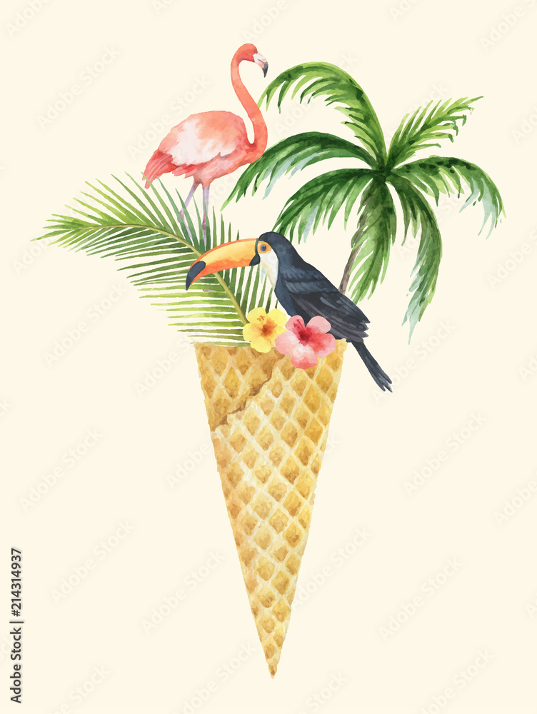 热带树叶、巨嘴鸟和粉色火烈鸟的水彩创意矢量手绘卡片