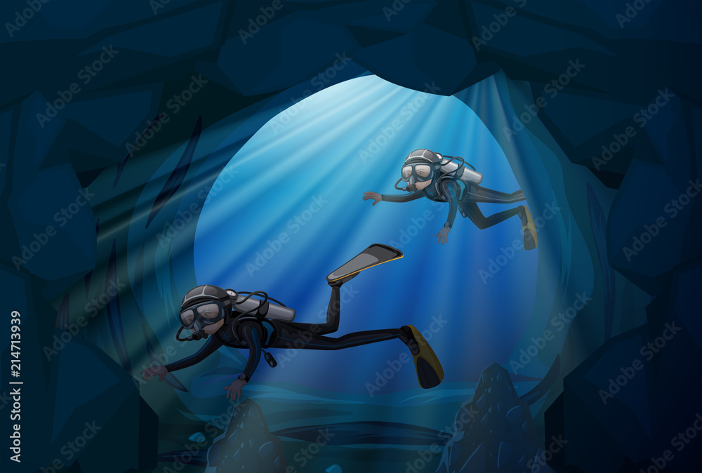 Diver diving in underwater cave