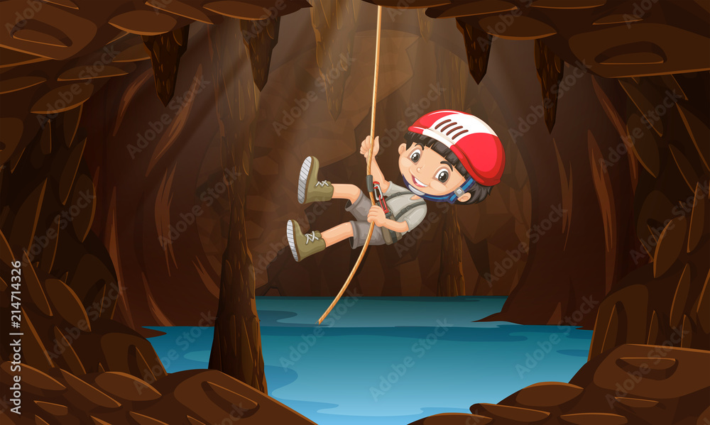 一个男孩在探索水洞