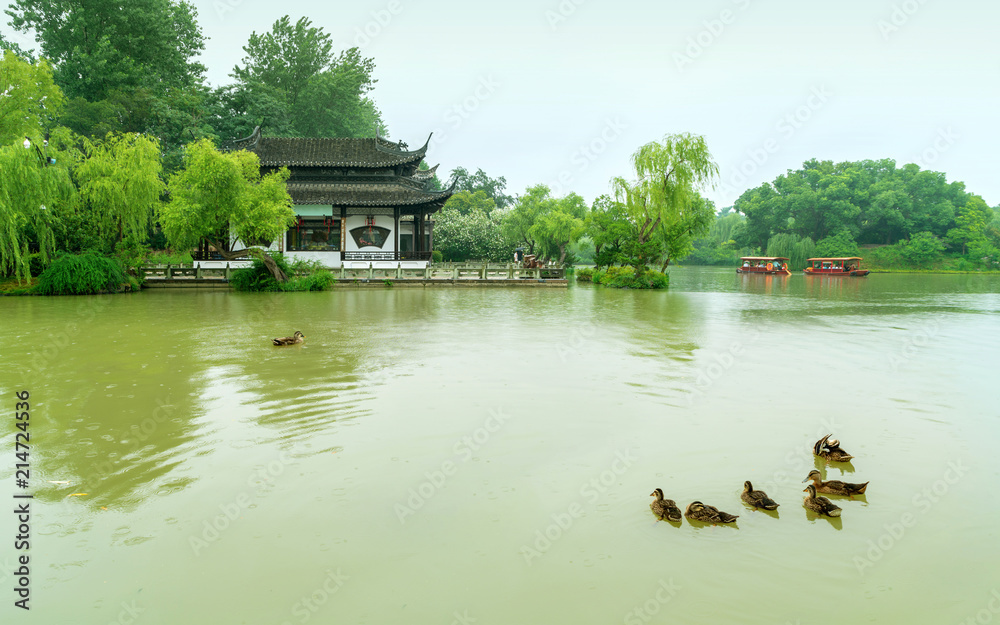 湖中的老建筑和鸭子。细长的西湖是中国著名的风景区。