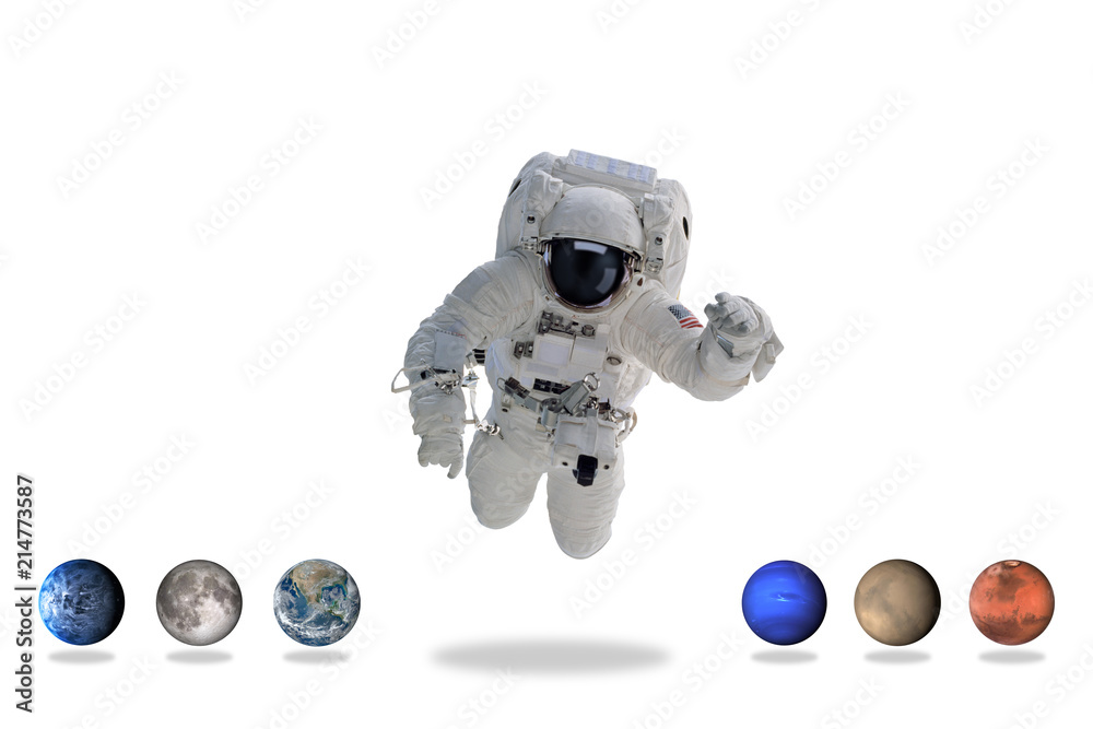 宇航员与行星一起在外太空。极简主义艺术。这张图片的元素由美国国家航空航天局提供。