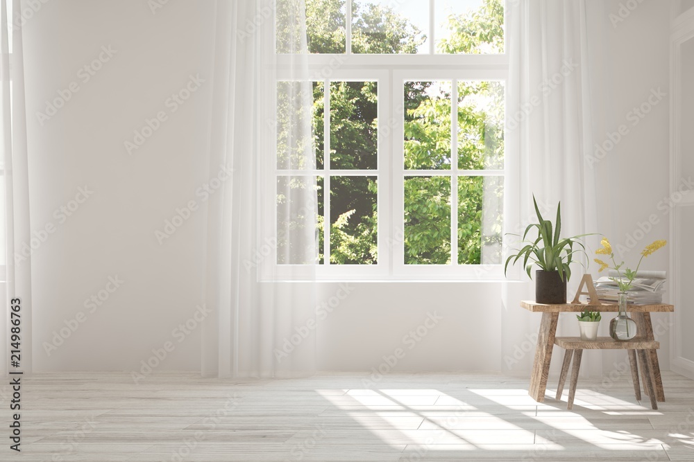 白色空房间，窗户里有夏季景观。斯堪的纳维亚室内设计。3D插图