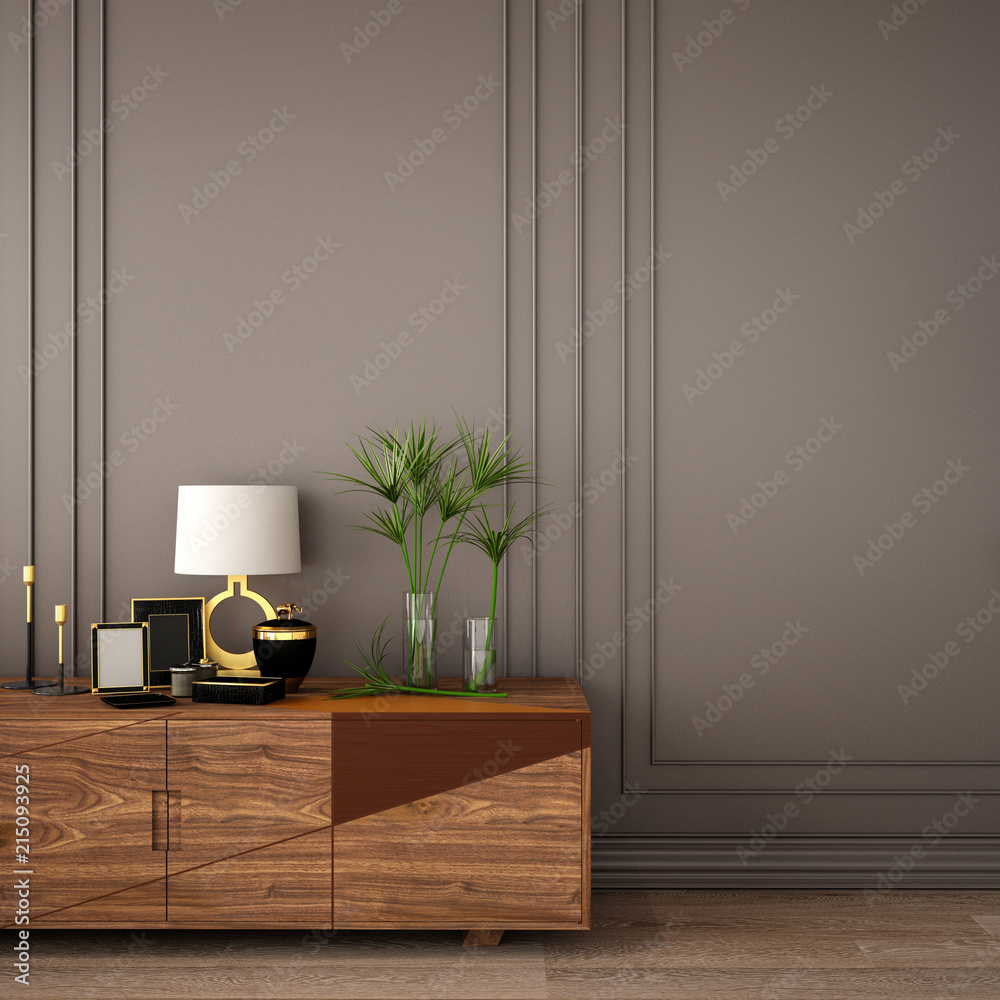 客厅或接待处的室内设计，配有灰色经典墙板、扶手椅、橱柜和木材