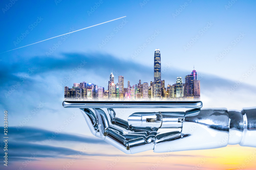 智能手机在机器人手中展示城市天际线