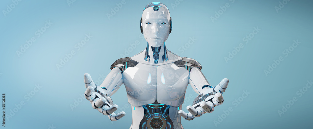 白人男性半机械人在蓝色背景3D渲染上张开双手隔离