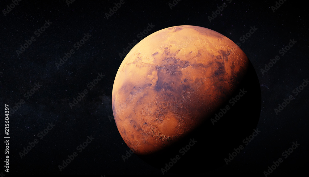 背面的火星和银河系的超现实3d渲染。图像使用了46k的大纹理。