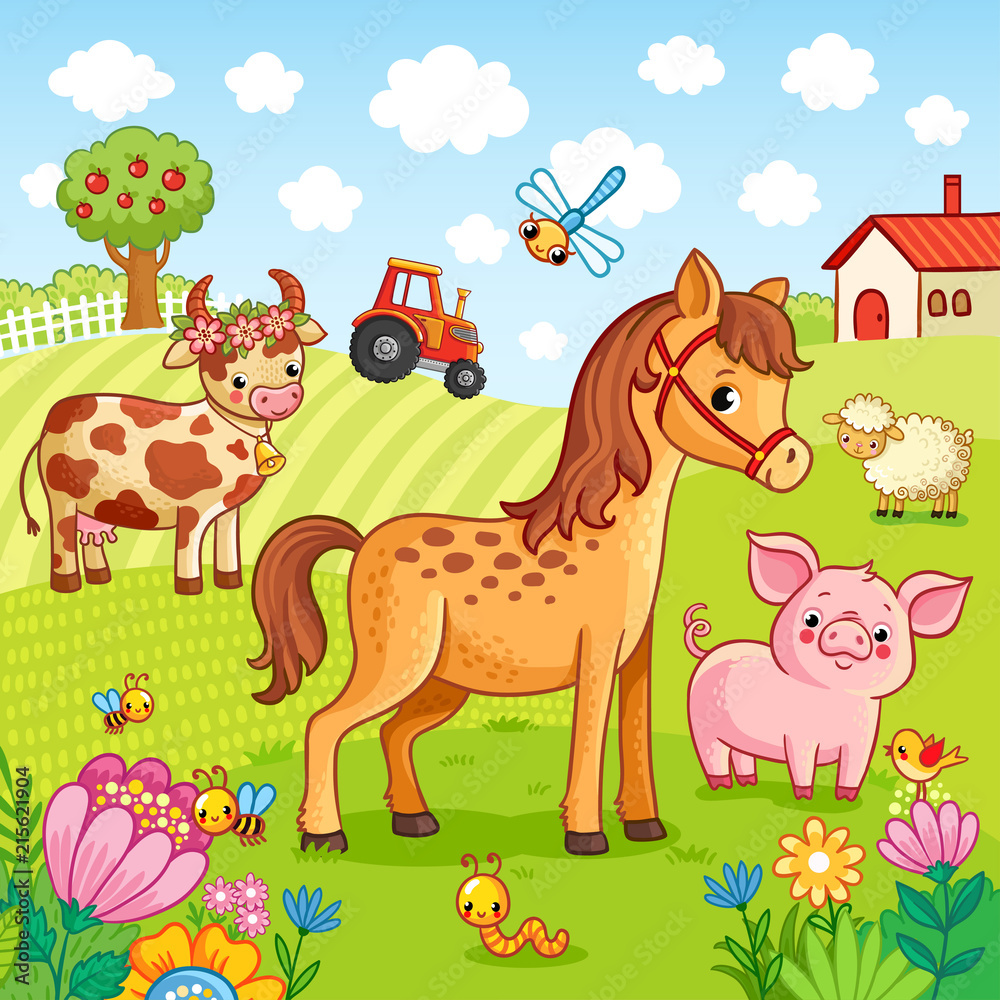 宠物在农场附近吃草。儿童卡通风格的可爱农场矢量插图。
