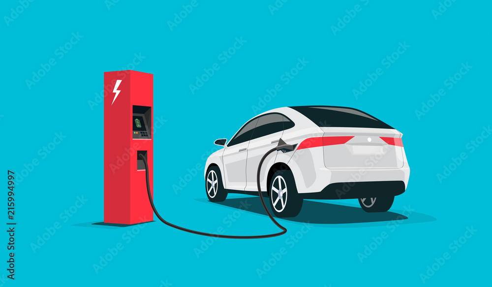 Flat vector illustration of a white electric car suv charging at the red charger station. Electromob