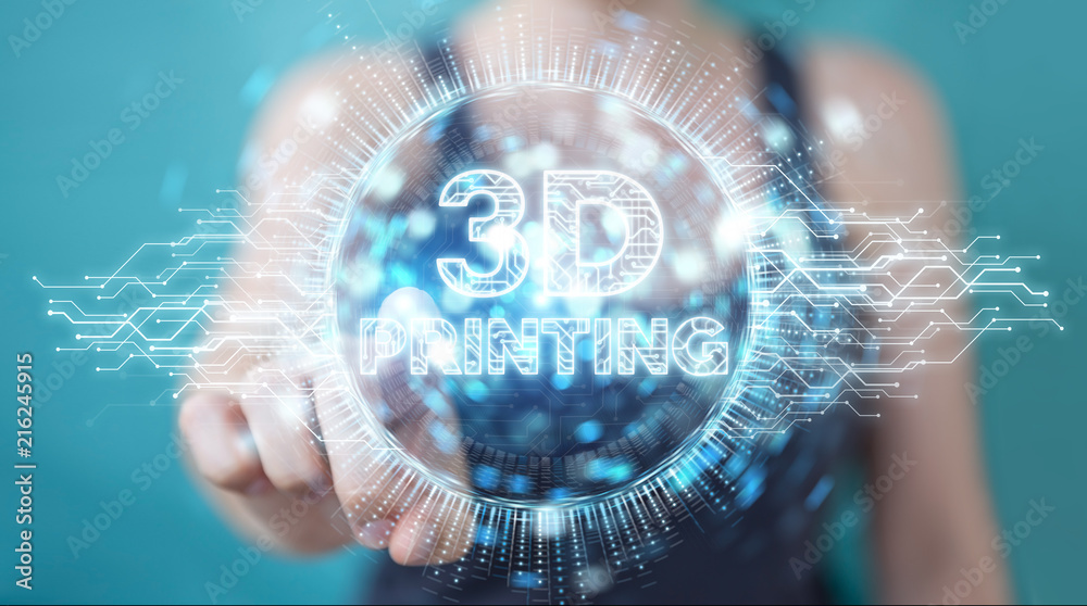 女商人使用3D打印数字全息图3D渲染
