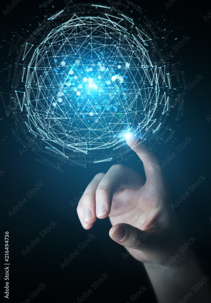 Businesswoman using digital triangle exploding sphere hologram 3D rendering