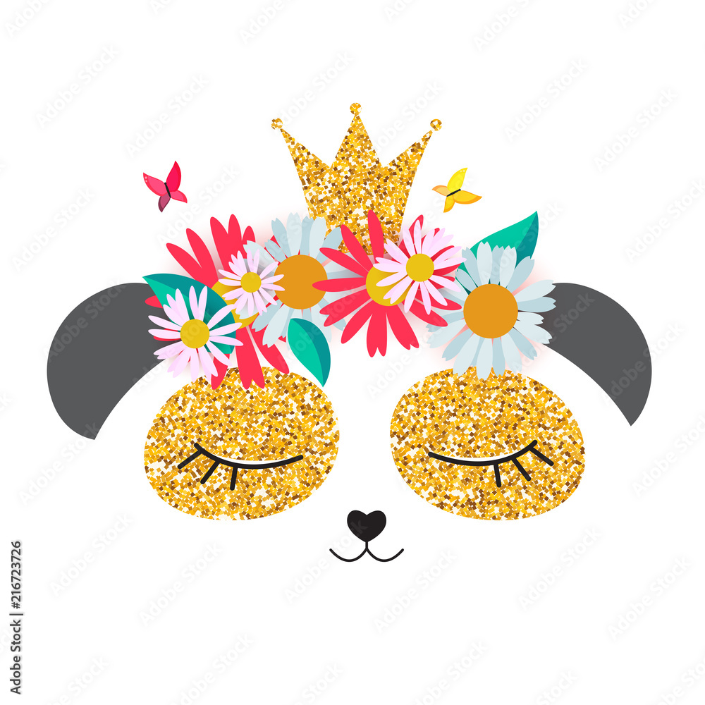 可爱的熊猫小公主，带王冠和花朵，用于卡片和衬衫设计。矢量插图
