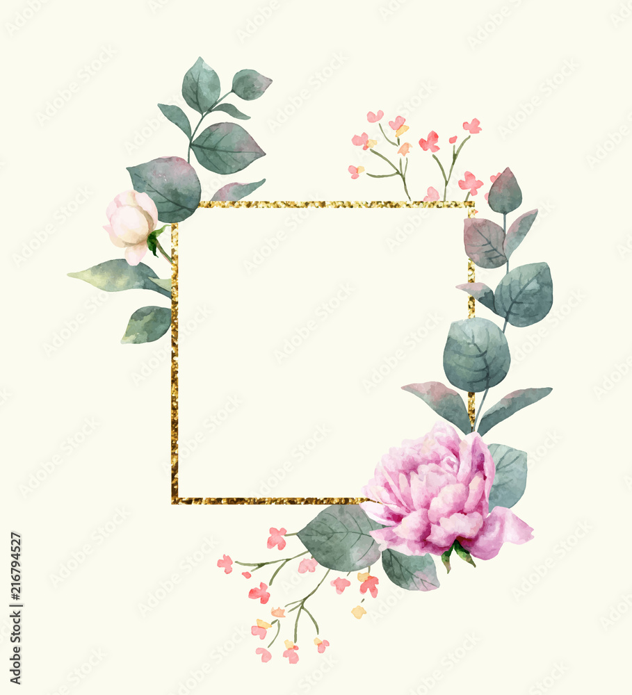 水彩矢量手绘构图由花朵、绿叶和金色几何框架组成。