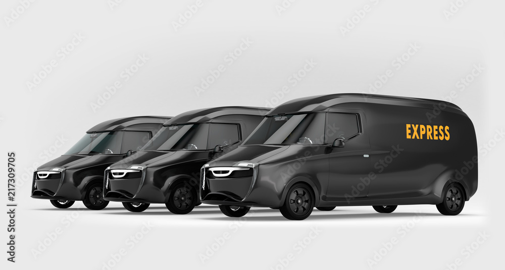 灰色背景下的黑色电动送货车车队。3D渲染图像。