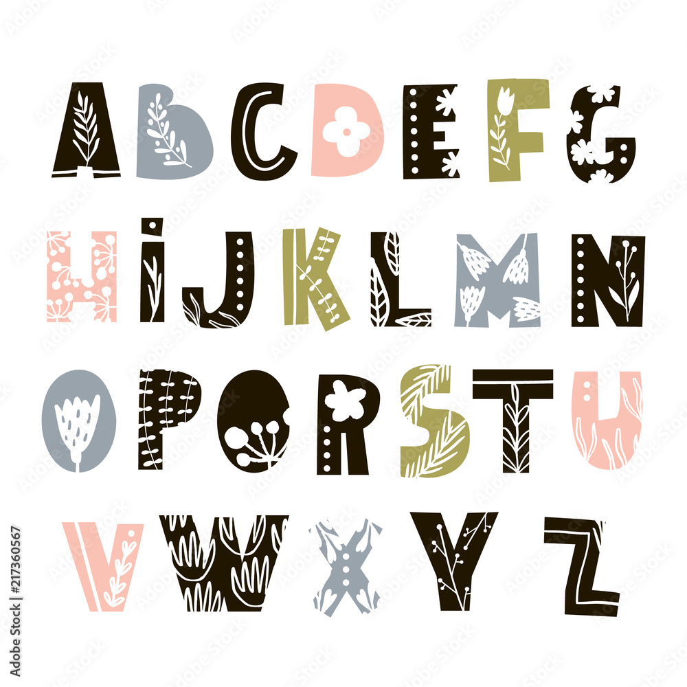 带有花卉元素的创意装饰字母表。斯堪的纳维亚风格abc独立于白色。矢量