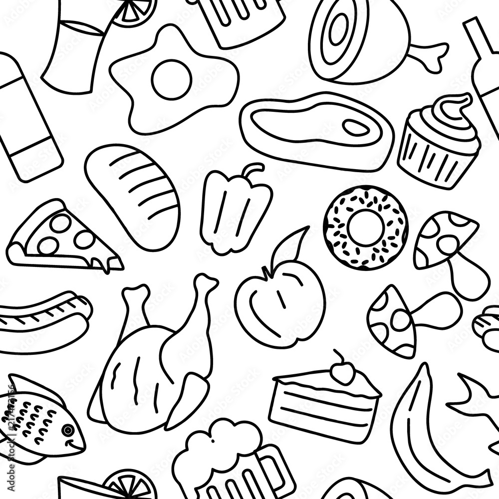 用饮料、食物和饮料无缝图案绘制食物涂鸦。