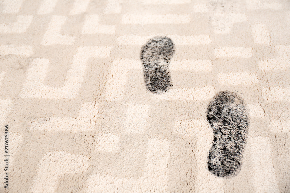 米色地毯上泥泞的脚印