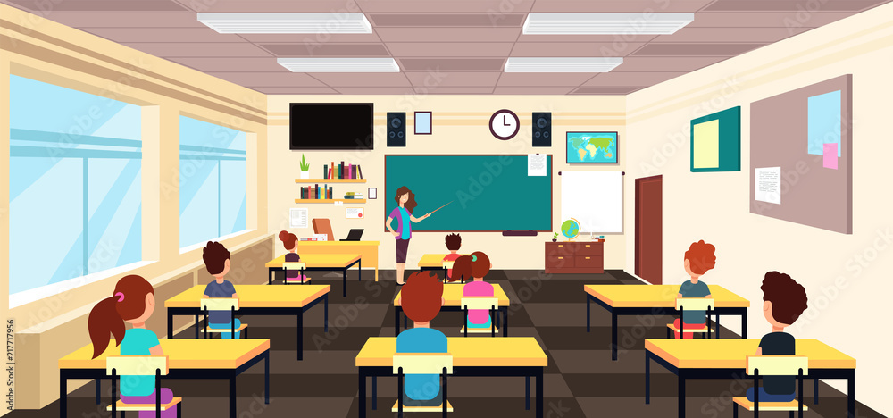老师在黑板上，孩子们在教室里的课桌上。卡通矢量插图