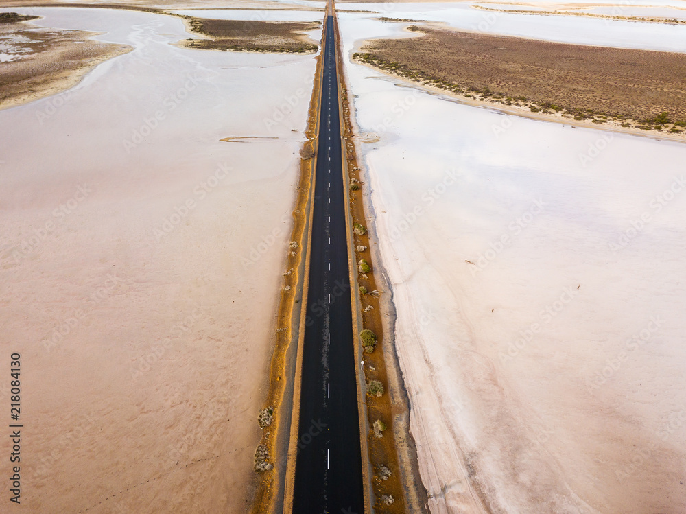 通往干旱、贫瘠景观的长而空的高速公路。韦斯的国王湖盐湖
