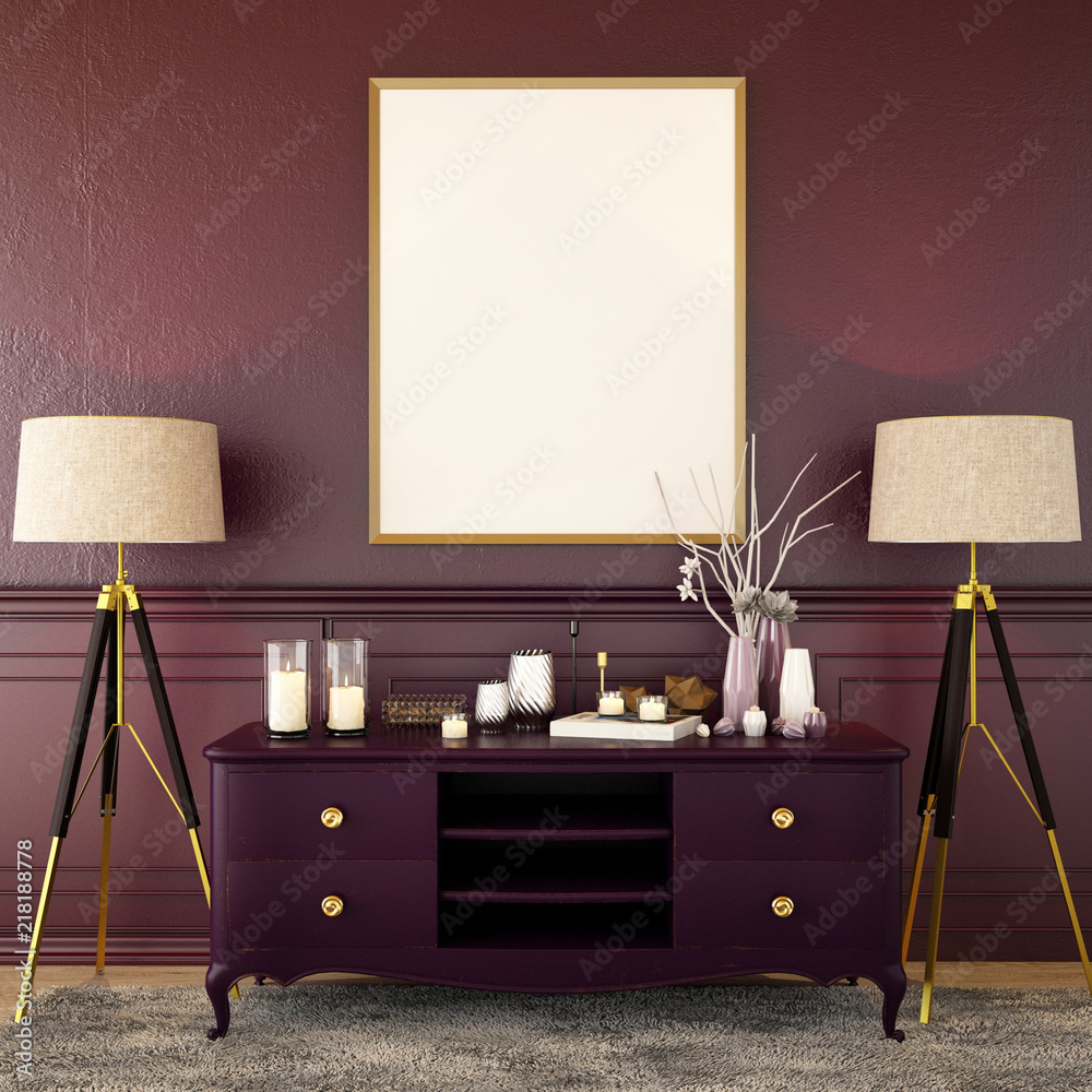 living interior design in classic style with decoration set  on sideboard, velvet armchair on wooden