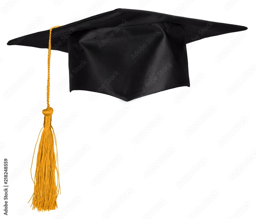 白色背景上隔离的黑色毕业帽。