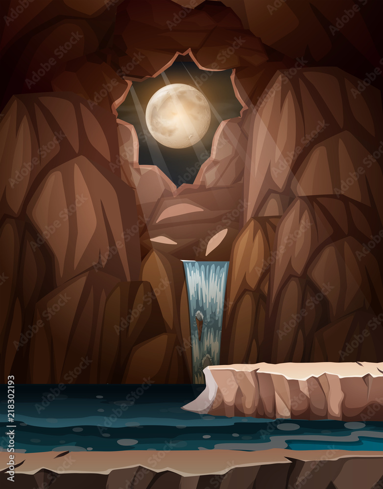 夜晚的瀑布洞穴