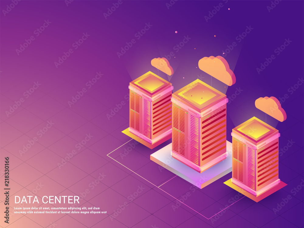 三台数据或云服务器在闪亮的紫色背景下相互连接，用于数据中心网络
