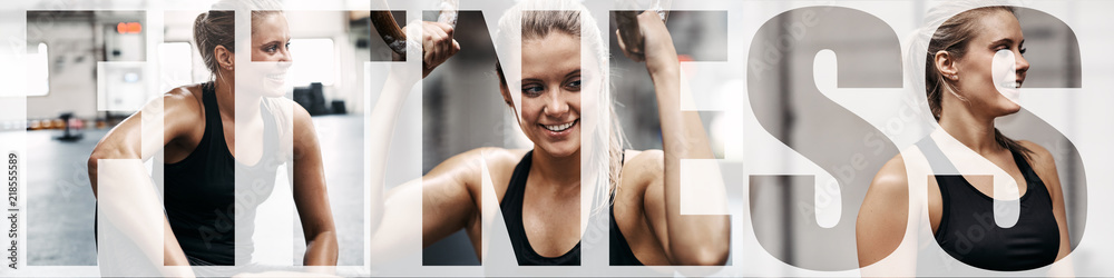 一个微笑的女人在健身房锻炼的照片