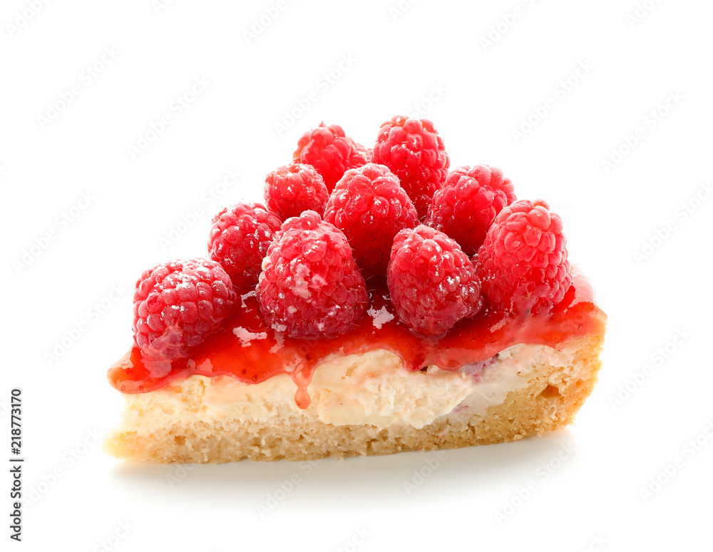 一块美味的白底树莓芝士蛋糕