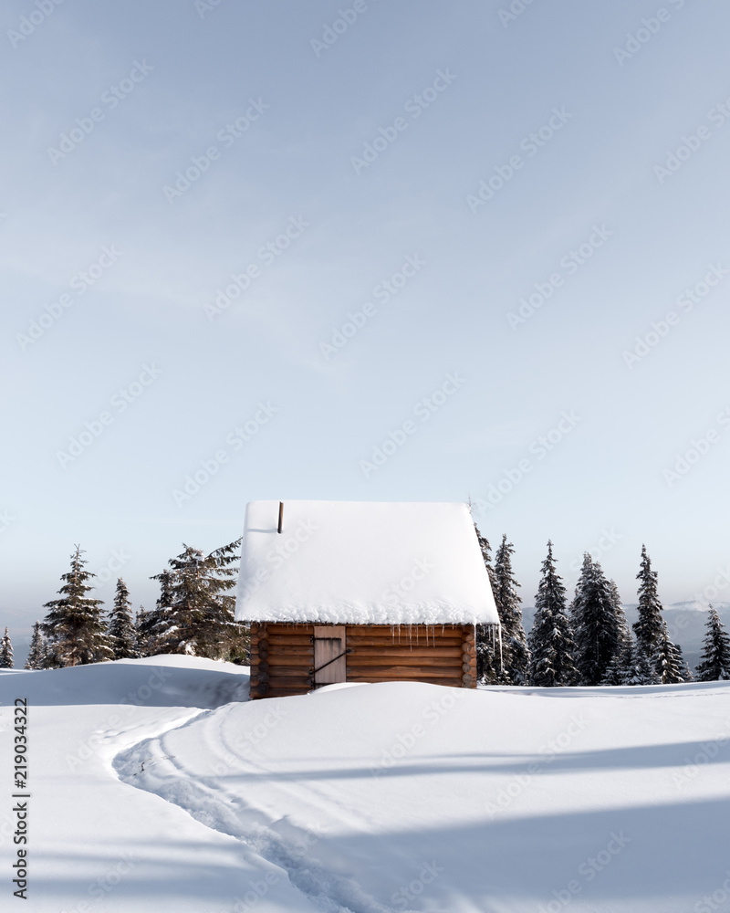 雪山木屋的奇妙冬季景观。圣诞假期概念。喀尔巴阡山
