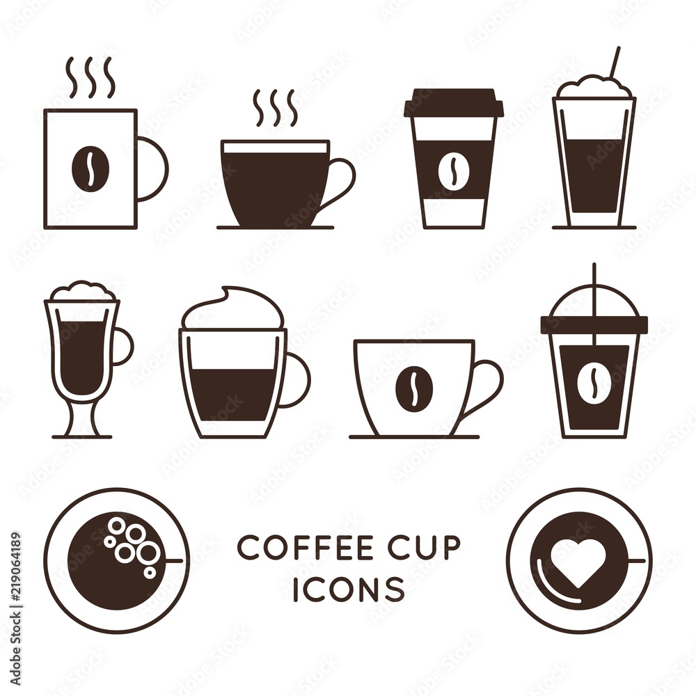 咖啡和茶杯线性图标集。一次性咖啡杯和热饮杯矢量符号。咖啡