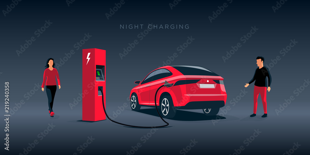 夜间在充电站充电的豪华红色电动汽车suv的矢量图