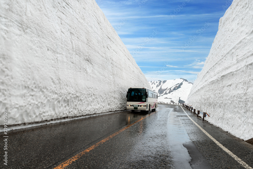 日本千叶阿尔卑斯山的雪墙，日本Tateyama Kurobe阿尔卑斯山路线的游客巴士